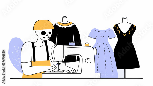 Vector art of a skeleton dressmaker is using a sewing machine to make dresses