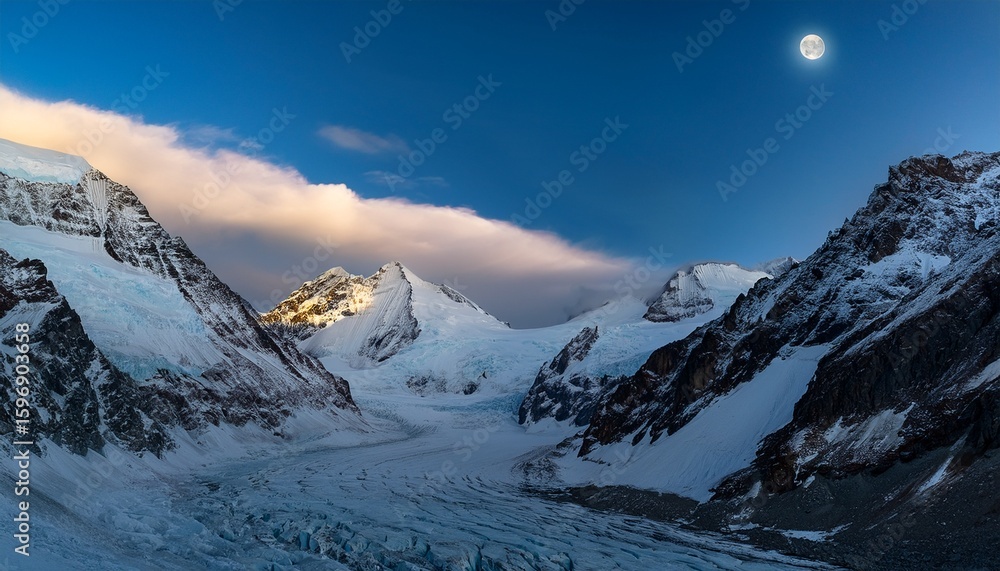 Obraz premium moonlit clouds and snow covered mountain peaks above fiescher glacier