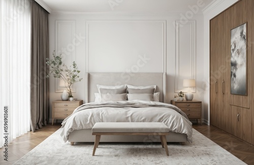 Serene bedroom interior with white queen-sized bed, crisp bedspread, fluffy pillows. Wooden nightstand, lamp, green plants on gray curtains. Wooden dresser, mirror, flowers on brown furniture.