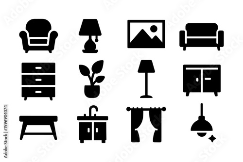 Minimalist black silhouette set of home furniture and decor icons