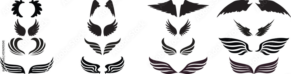 Fototapeta premium Black Wing Silhouette Vector Icon Set – Angel Wing Design Collection on Transparent Background