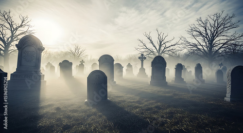 A foggy graveyard scene with tombstones and bare trees under a cloudy sky creating a spooky atmosphere ai genrated