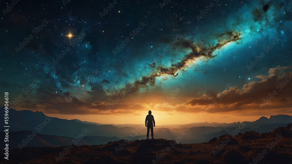 Fototapeta premium Romantic couple on a hill at sunset, silhouetted against an orange sky with an alien planet looming over a distant mountain landscape