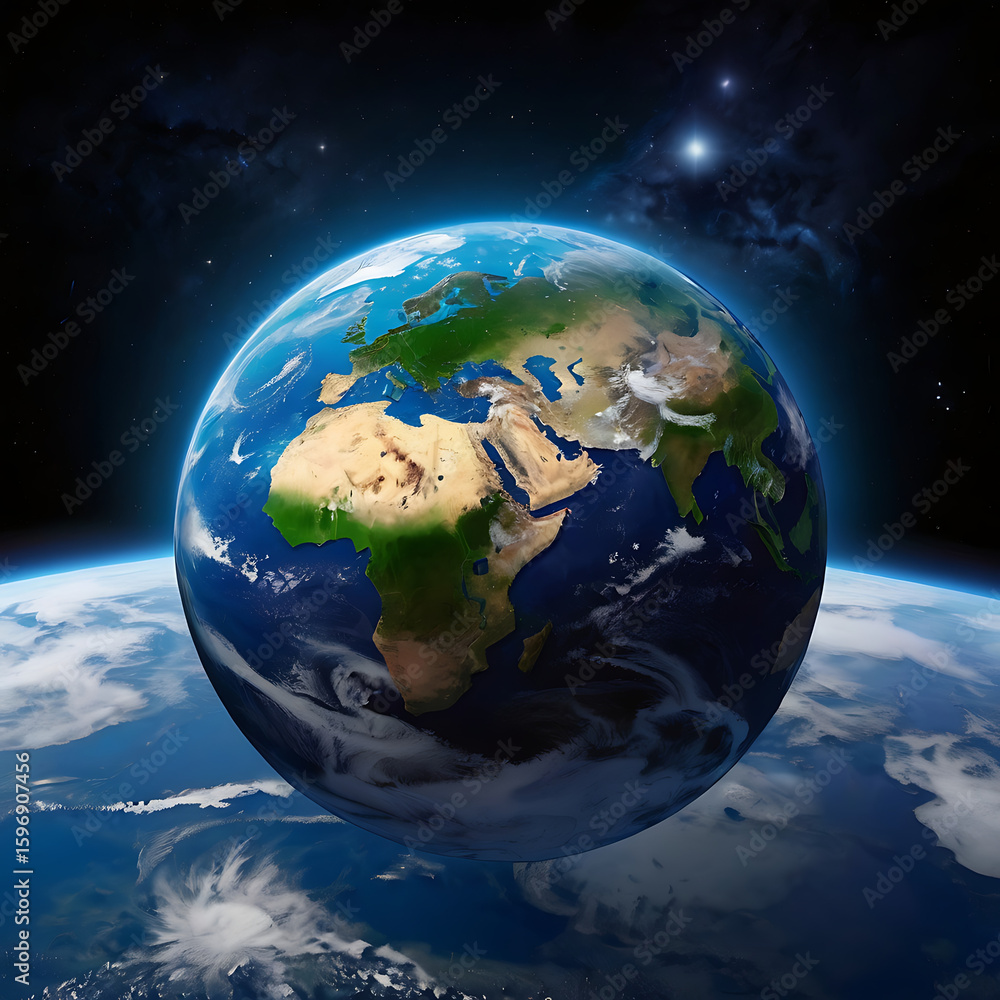 Naklejka premium Blue marble Earth, a radiant globe in the night sky, with continents illuminated by the sun, showcasing our planet's global sphere amidst a universe of stars