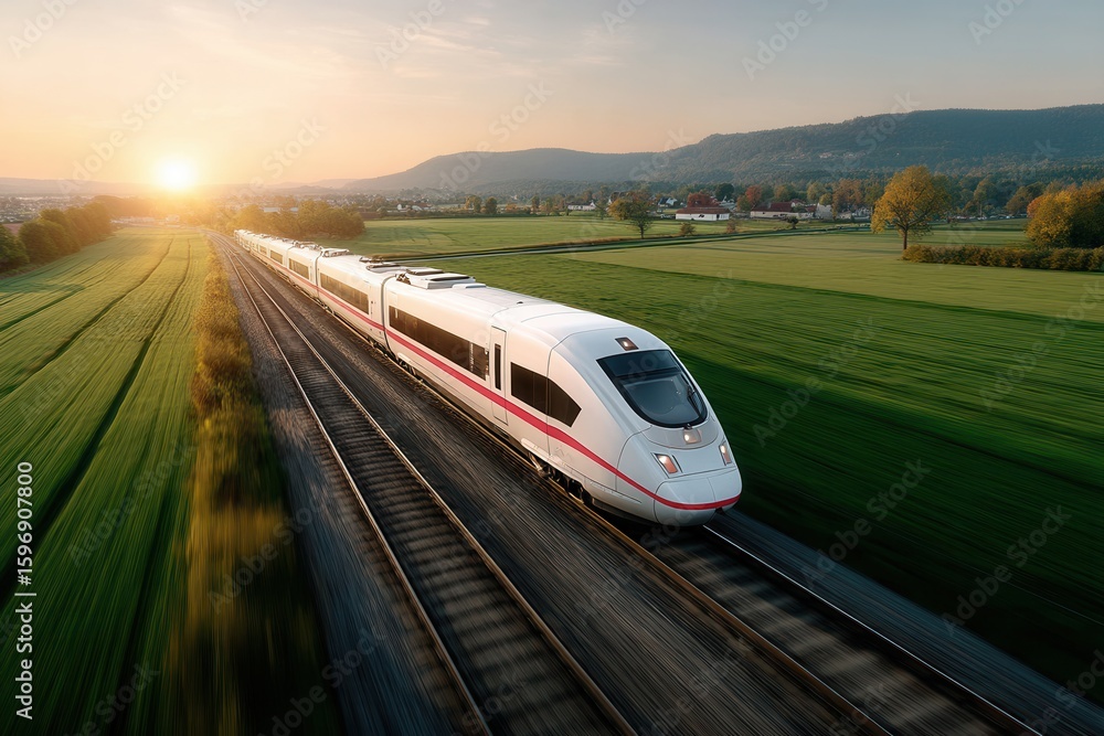 Fototapeta premium Glide of progress aerial vista of high-speed train traversing farmlands at daybreak
