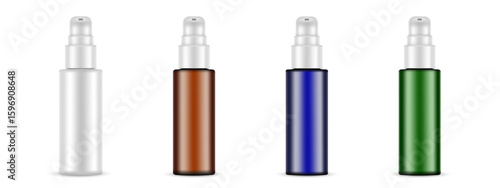 Realistic vector mockup set of plastic cosmetic pump bottles in white, amber, dark blue, and green, isolated on white background. Each bottle features white airless pump