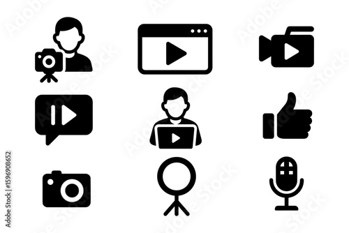 Social media and content creation icons set in black silhouette style for digital platforms