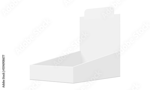 Vector mockup of blank cardboard retail display box with a raised back panel. Perfect for branding presentations, packaging design, POS materials, and advertising. Clean, isolated on white background