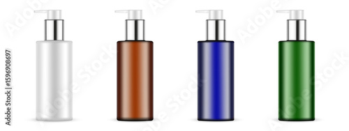 Realistic vector mockup set of four cosmetic pump bottles in different colors: white, amber, dark blue, and green, isolated on a white background. Each bottle features a silver dispenser