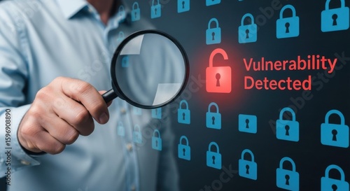 Person with magnifying glass examines glowing red unlocked padlock with text vulnerability detected cybersecurity