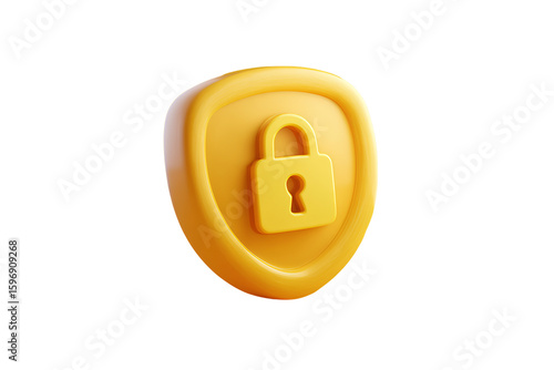 Floating 3D Shield with Lock Symbol on Vibrant Yellow Background, App Icon Concept Design