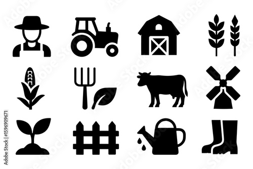 Farm icon set: silhouette collection featuring barn, tractor, crop, livestock, and tools