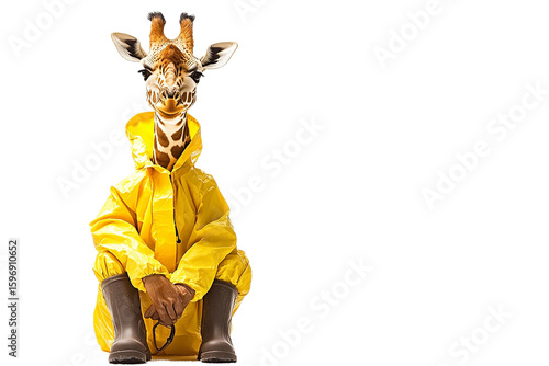 Giraffe wears bright raincoat and brown boots