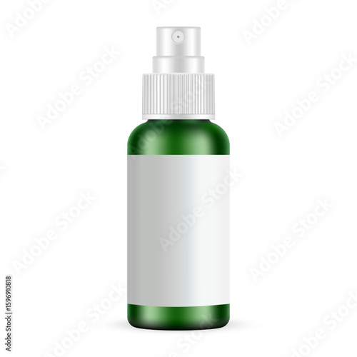 Realistic vector mockup of green spray bottle with ribbed white cap and blank label, isolated on white background. Clean and professional template for branding, packaging design