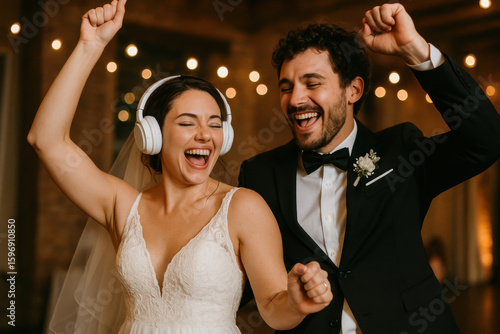 Bride wearing headphones dancing with groom at wedding reception