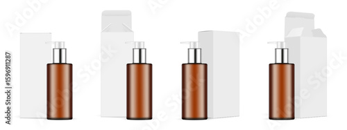 Realistic vector mockup of an amber cosmetic pump bottle with a silver dispenser and a blank white box, isolated on white background. Set includes various views with open and closed boxes