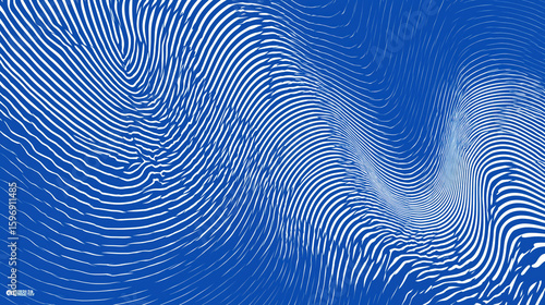 Wavy ripple effect with white lines on blue background creates dynamic geometric pattern with fluid motion and high contrast, evoking sense of depth and movement in abstract design