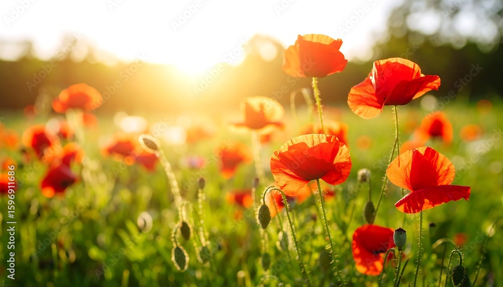 Fototapeta premium Sunset poppy field, vibrant blooms