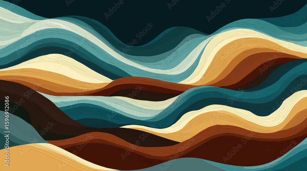 Fototapeta premium Abstract wave pattern with flowing lines in blue, brown, cream, and teal colors creating smooth, dynamic, and calming visual effect in flat design style