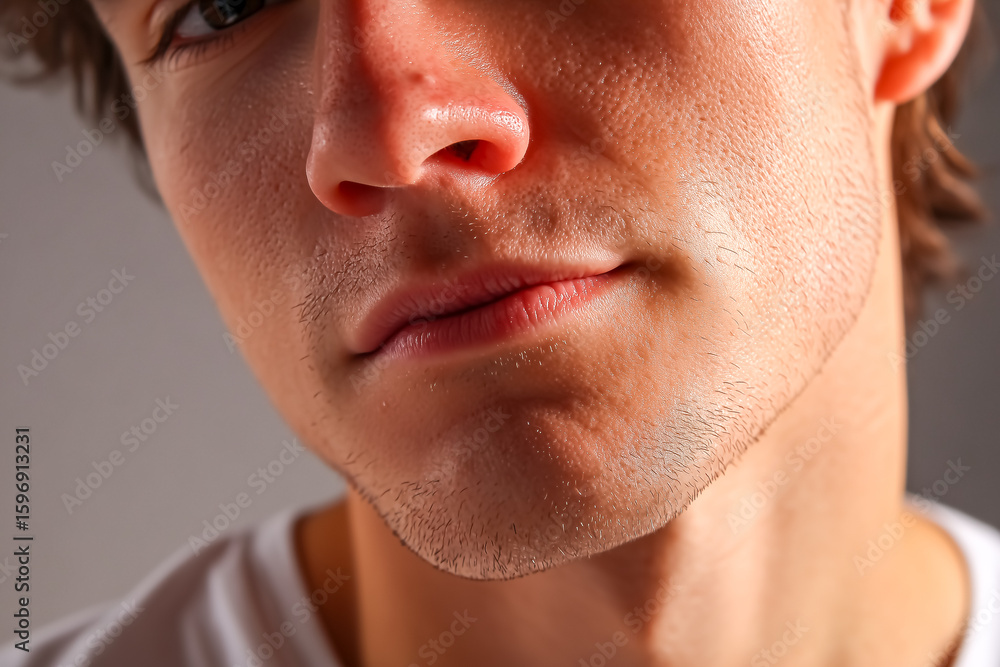 Obraz premium Close-up of young man with subtle smile and confident expression. Soft lighting accentuates facial features and skin texture. Concept of beauty, self-confidence, male grooming