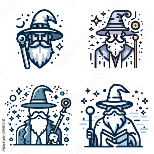 Bearded wizard illustrations with magical elements and different poses  