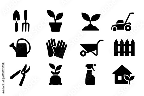 Gardening icon set: essential tools and elements in silhouette style