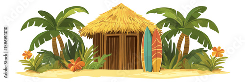 Tropical bamboo tiki hut with straw roof surrounded by palm trees tropical plants and colorful surfboards on sandy beach vector illustration