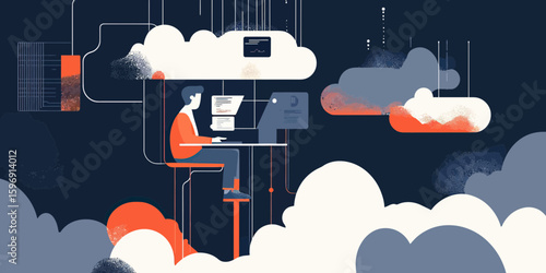 Flat vector illustration of businessman working remotely on computer connected to cloud server with digital interface and network data flow technology concept in dark backdrop