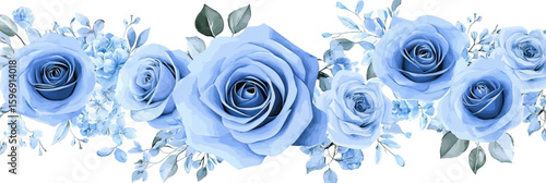 Seamless horizontal border of blue roses and delicate watercolor floral bouquet with leaves and branches for wedding invitation decoration elegant spring design