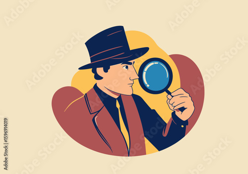 Vintage detective inspecting evidence with magnifying glass in retro style looking closely at clue for investigation
