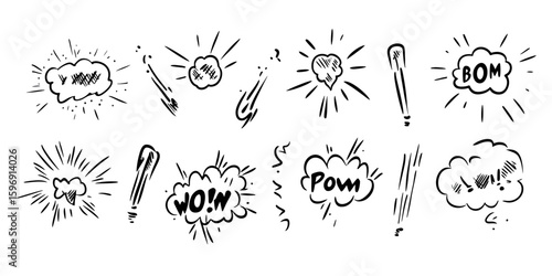 Hand drawn comic explosion effects set with pow boom wow cartoon speech bubbles and explosive sketch smoke bursts in black line art style