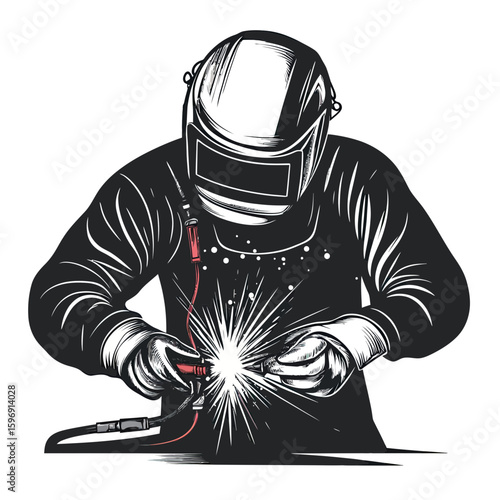 Industrial welder wearing protective helmet and gloves performing arc welding with sparks in black and white vector illustration