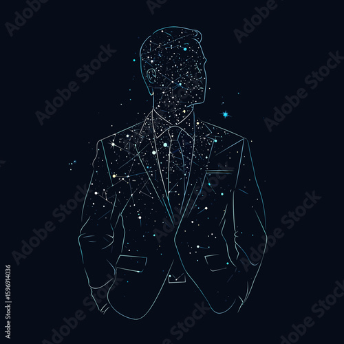 Abstract businessman silhouette composed of starry sky and cosmic constellations in suit with tie minimalistic vector design on dark background
