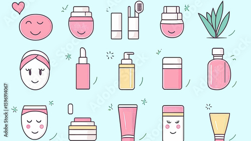 Flat minimalist vector illustration of diverse skincare products including creams, lotions, aloe vera plant, lip balm, with smiling faces on pastel background, beauty and self care concept