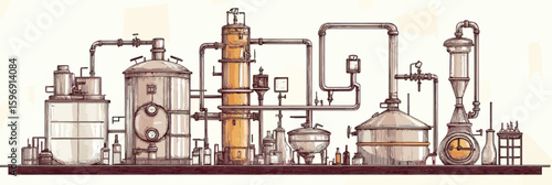 Vintage distillation apparatus for ethanol production with interconnected pipes and tanks in minimalist vector illustration style industrial equipment design