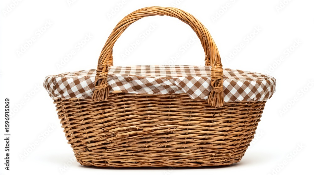 Fototapeta premium Empty woven picnic basket isolated against a white background