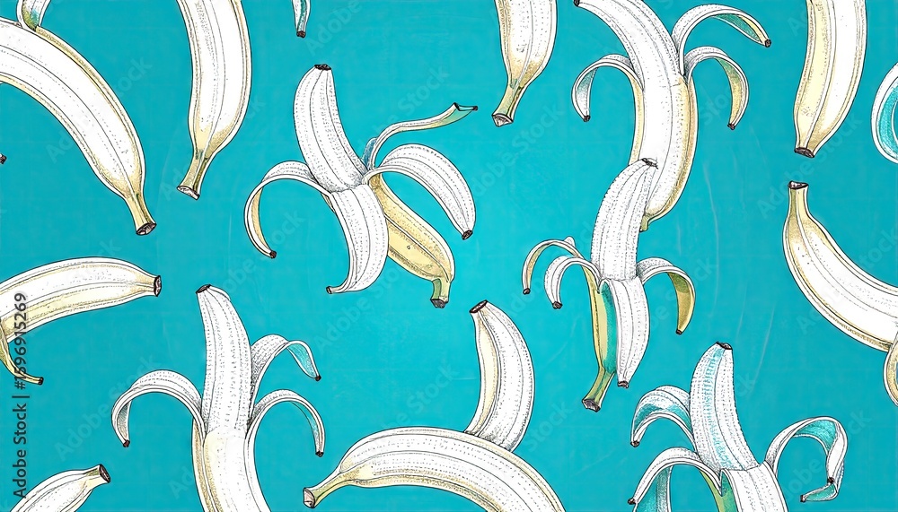 Naklejka premium Pop Art Style Banana Peels Sketch Pattern on Teal Background
