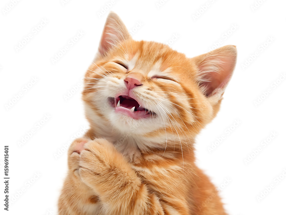 Obraz premium A ginger kitten with closed eyes and mouth open in a happy expression against a black background