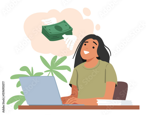 Woman working online using laptop computer dreaming for easy earning money and financial growth