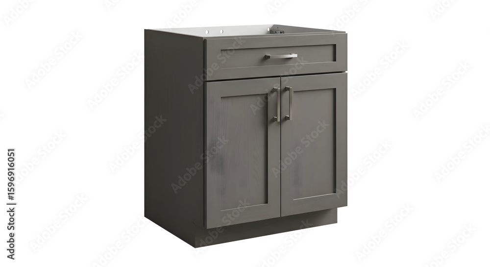 A gray bathroom vanity with two doors and a drawer against a white background in a studio setting A gray bathroom vanity with two doors and a drawer against a white background in a studio setting