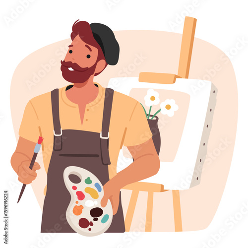 Man artist cartoon character enjoying painting hobby realizing basic human needs vector illustration