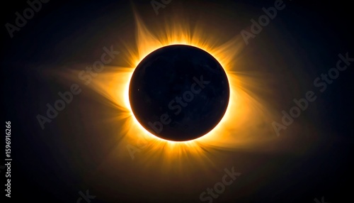 Total solar eclipse, dark sky, glowing corona