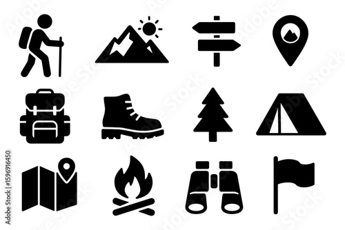 Silhouette icons set for hiking and camping: boots, maps, and trail signs
