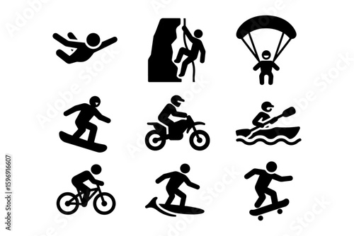 Adventure sports icons set featuring extreme activities in bold silhouette style