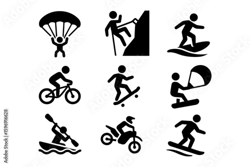 Collection of silhouette icons depicting various extreme sports activities in action