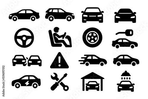 Automotive icons collection: cars, tools, and safety symbols in silhouette