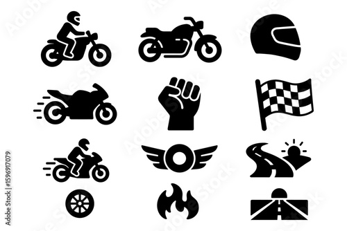 Silhouette icons of motorcycles and racing symbols featuring helmets and flags