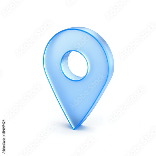 A light blue translucent map pin with a subtle shadow isolated on a plain white background in a studio shot created with generated ai
