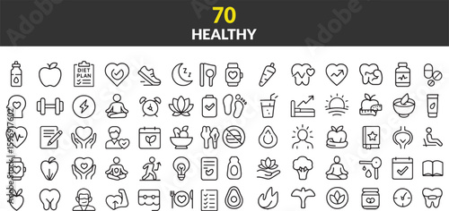 Collection of Minimalist Line Icons for Healthy Lifestyle Wellness and Balanced Nutrition Featuring Dieting Exercise and Mental Well Being