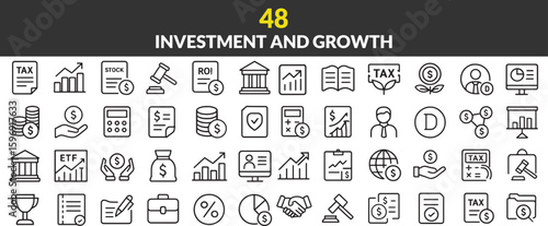 Diverse Line Icons Representing Investment and Growth Financial Strategies and Concepts for Wealth Building and Financial Planning